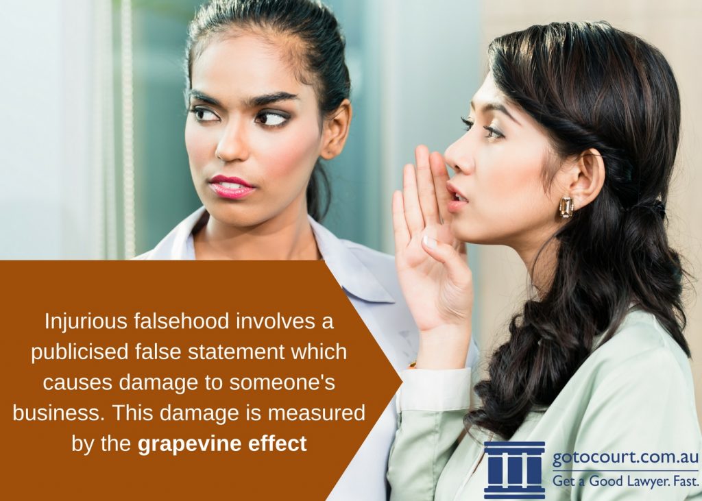 Injurious falsehood involves a publicised false statement which causes damage to someone's business. This damage is measured by the grapevine effect