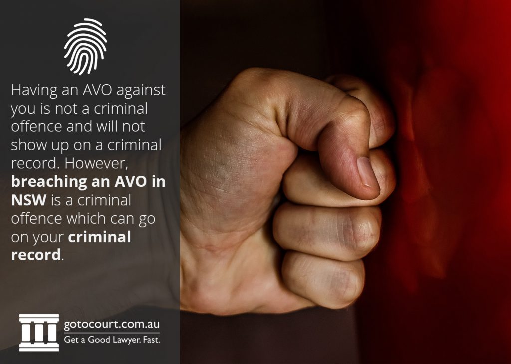 Having an AVO against you is not a criminal offence and will not show up on a criminal record. However, breaching an AVO in NSW is a criminal offence which can go on your criminal record.