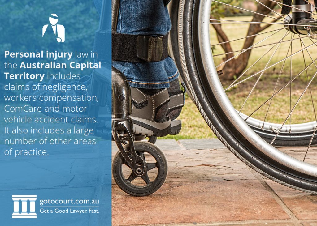 Personal Injury law in the ACT includes claims of negligence, workers compensation, ComCare, and motor vehicle accident claims. It also includes a large number of other areas of practice.