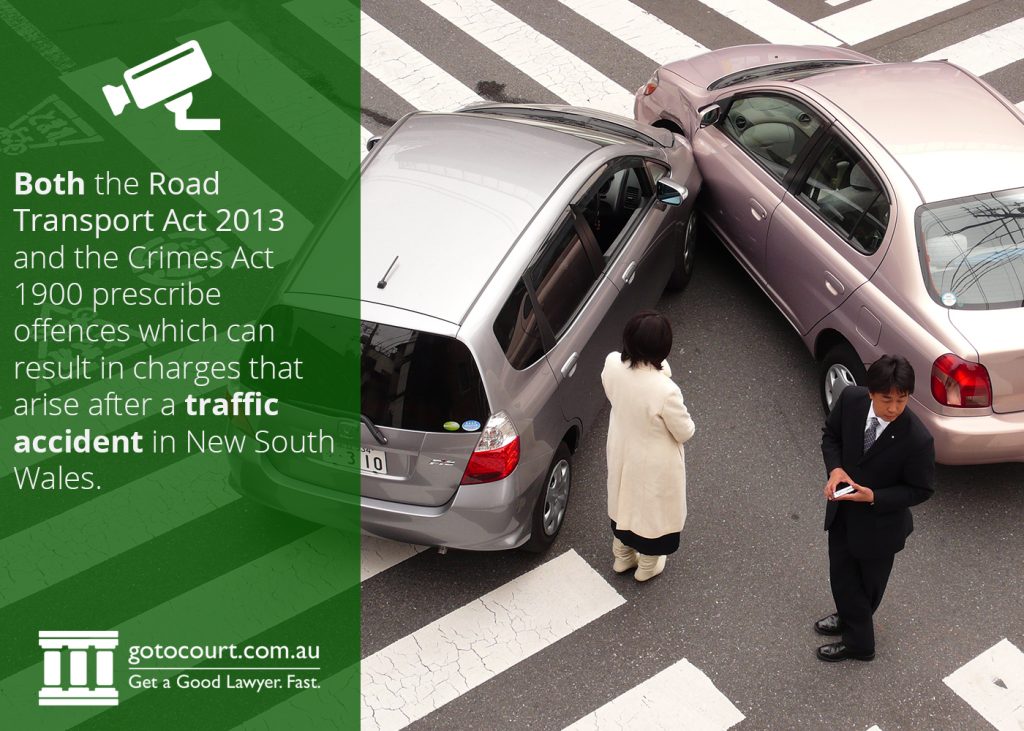 Both the Road Transport Act 2013 and the Crimes Act 1900 prescribe offences which can result in charges that arise after a traffic accident in New South Wales.