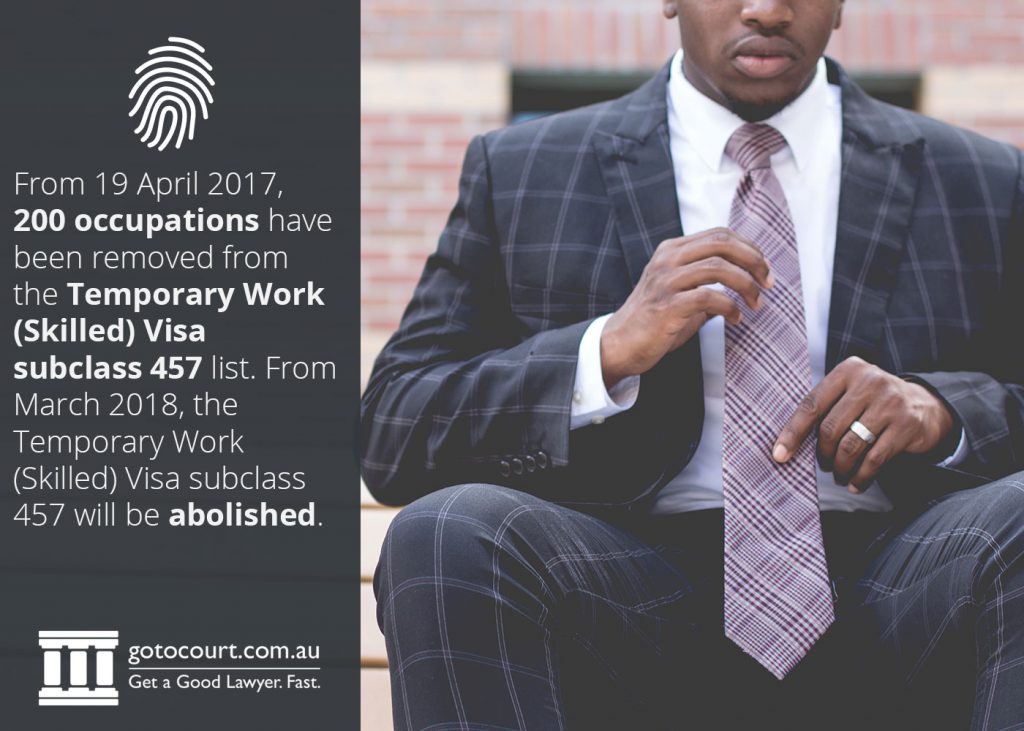 From 19 April 2017, 200 occupations have been removed from the Temporary Work (Skilled) Visa subclass 457 list. From March 2018, the Temporary Work (Skilled) Visa subclass 457 will be abolished.